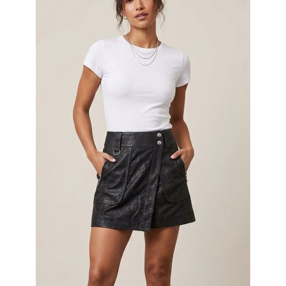 Free People Carson Black Leather Utility Wrap Mini Skirt NWT Size 0